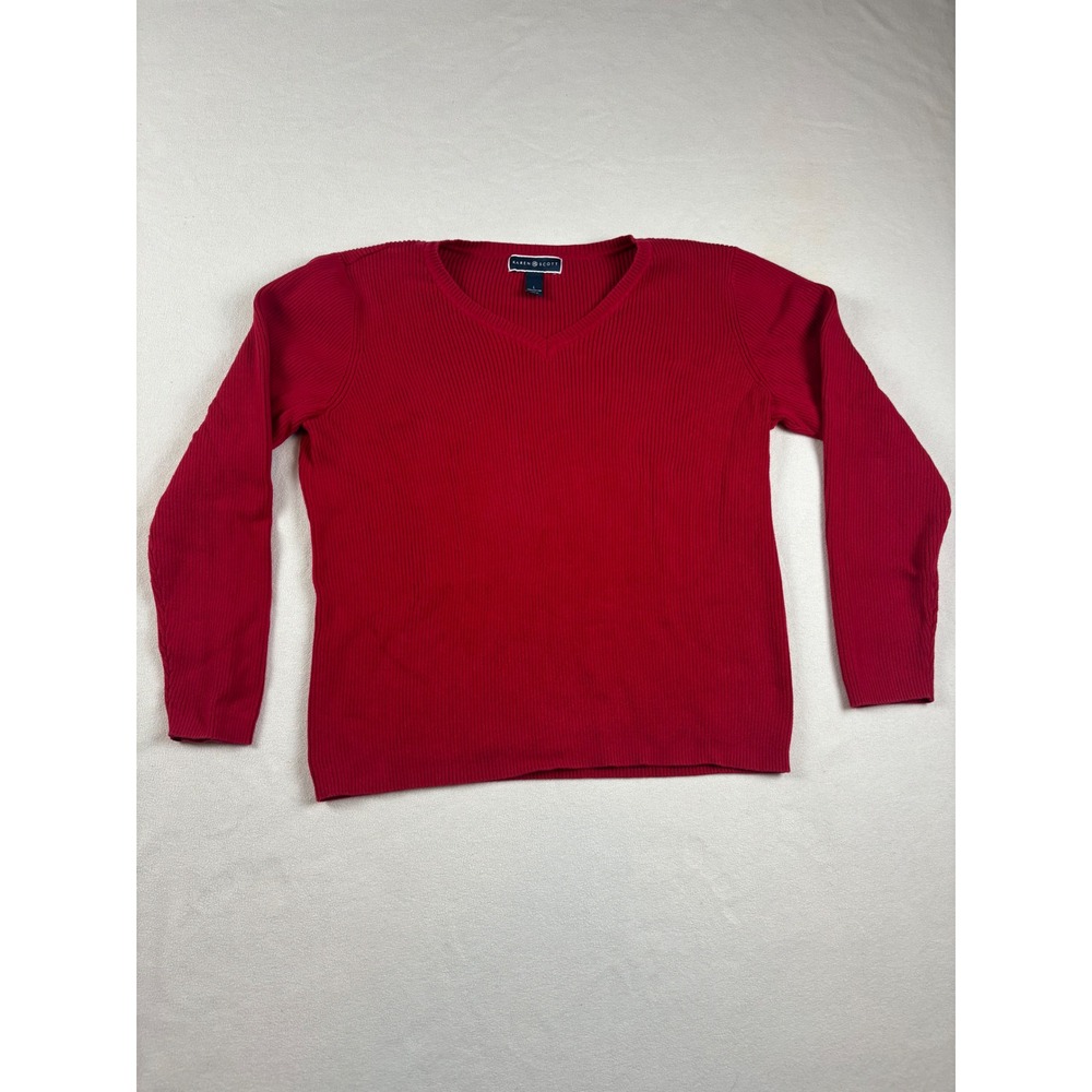 Karen Scott Womens Red Ribbed V-Neck Cotton Sweater Large Long Sleeve Top